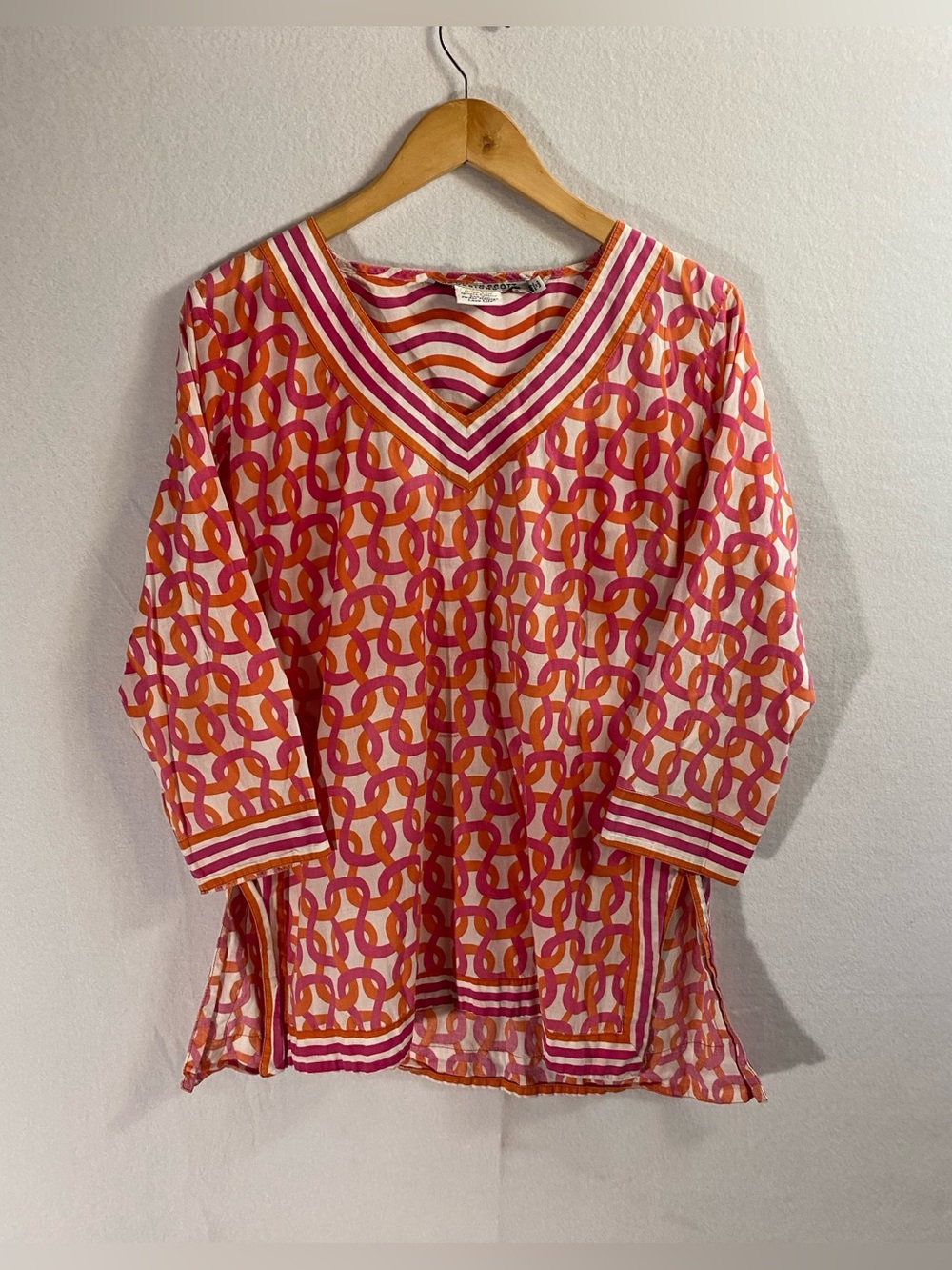 Gretchen Scott Women’s Pink Orange 3/4 Sleeve V-Neck 100% Cotton Tunic Size M
